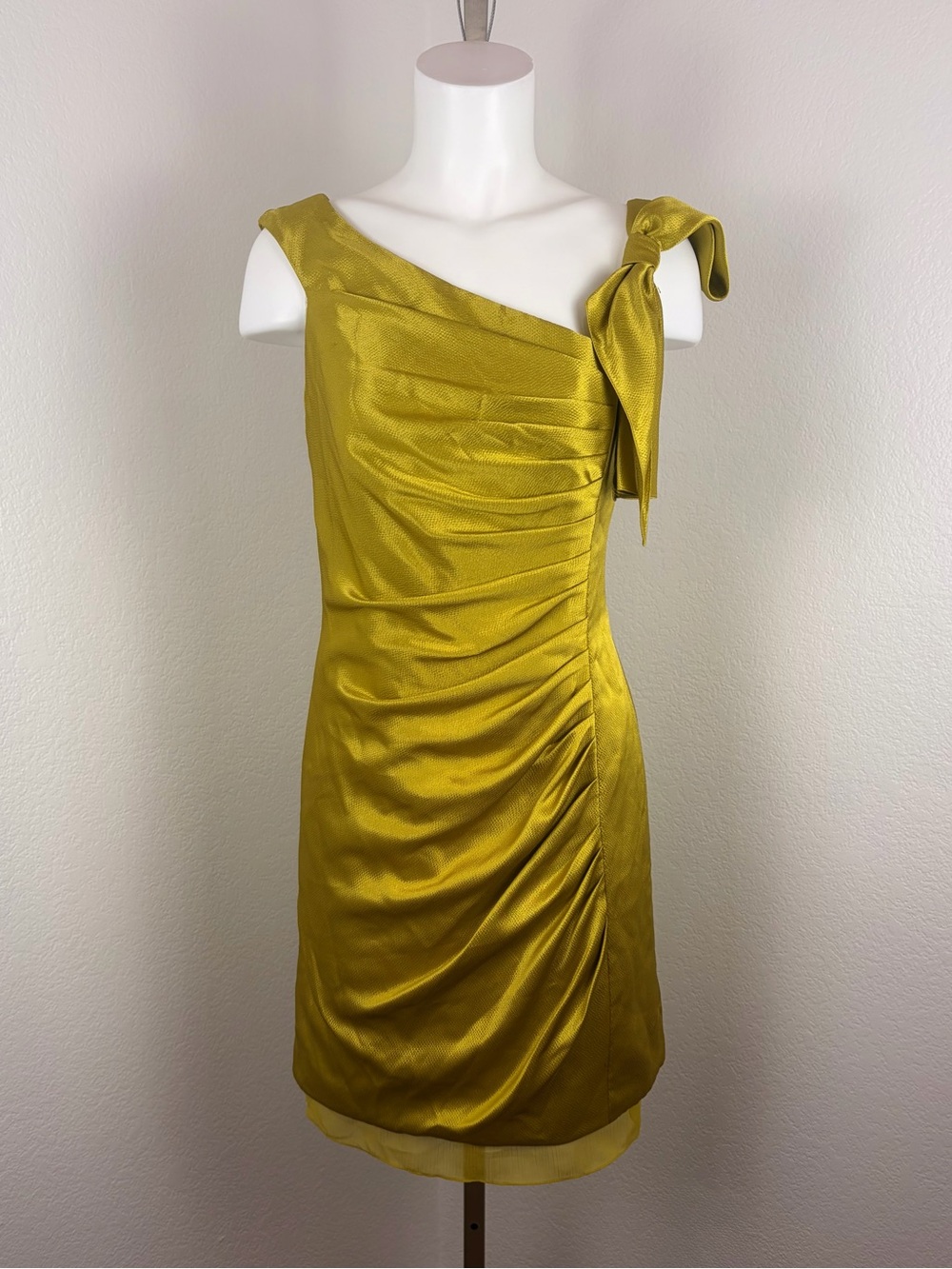 White by Vera Wang Ruched Satin Chartreuse Mini Dress